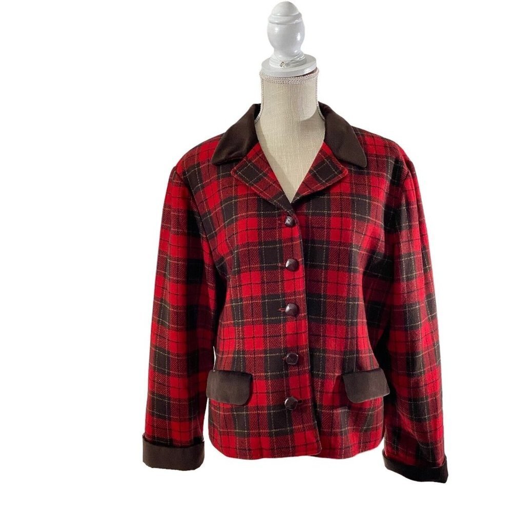 Liz Sport Red Black Plaid 5-Button Wool Blazer Sz 14P Brown Contrast Jacket EUC